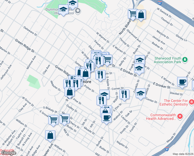 map of restaurants, bars, coffee shops, grocery stores, and more near 116 Chestnut Street in Dunmore