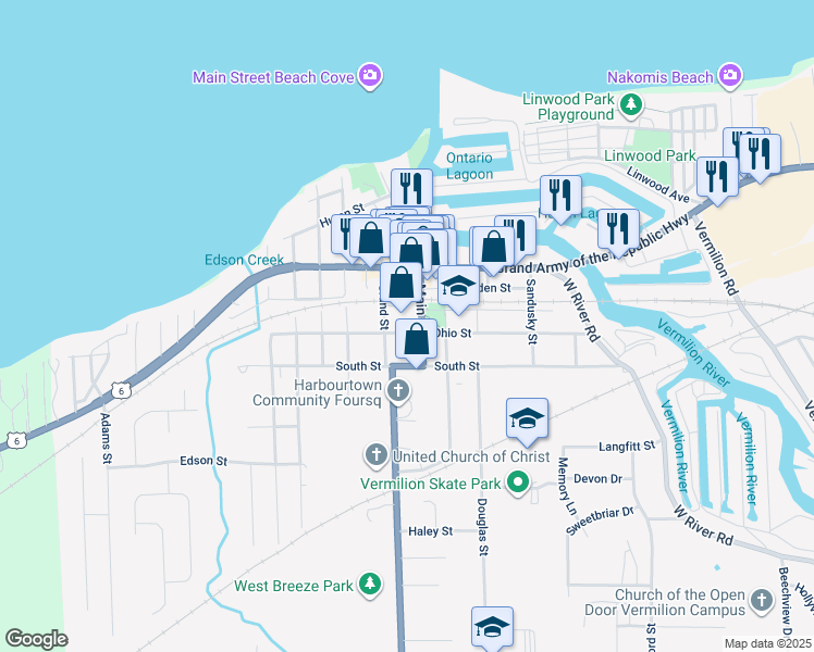 map of restaurants, bars, coffee shops, grocery stores, and more near 736 Main Street in Vermilion