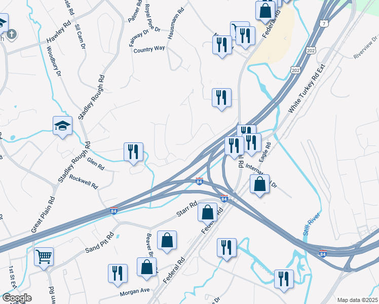 map of restaurants, bars, coffee shops, grocery stores, and more near 144b Old Brookfield Road in Danbury