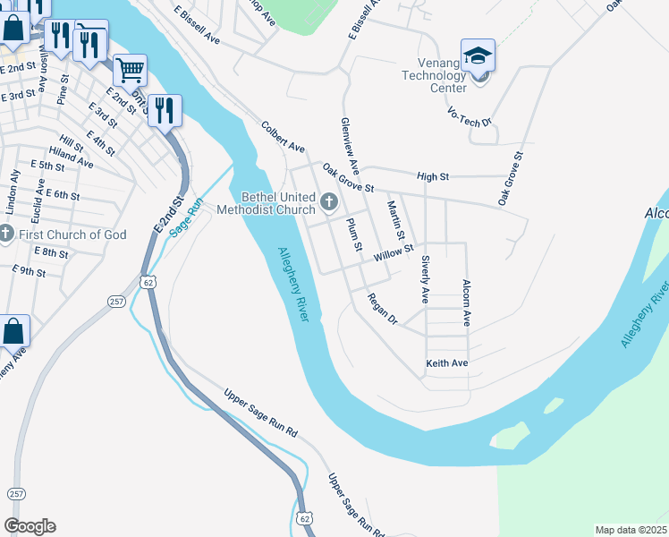 map of restaurants, bars, coffee shops, grocery stores, and more near 534 Colbert Ave in Oil City
