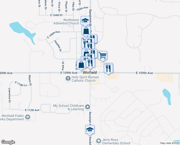 map of restaurants, bars, coffee shops, grocery stores, and more near Randolph Street & East 109th Avenue in Winfield