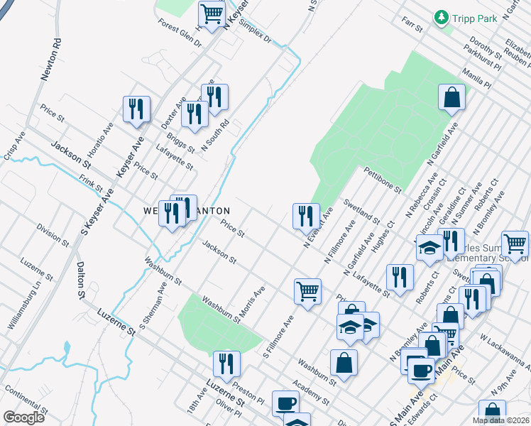 map of restaurants, bars, coffee shops, grocery stores, and more near 303 Hamilton Avenue in Scranton