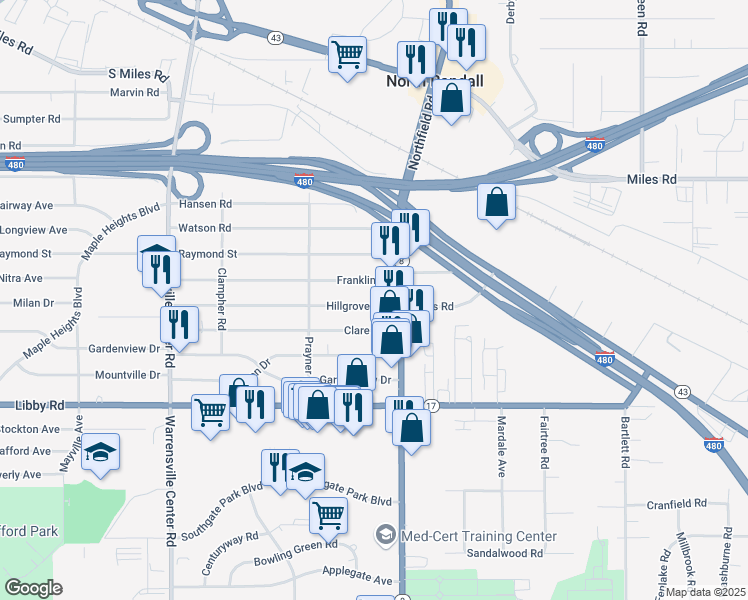 map of restaurants, bars, coffee shops, grocery stores, and more near 21515 Hillgrove Avenue in Maple Heights