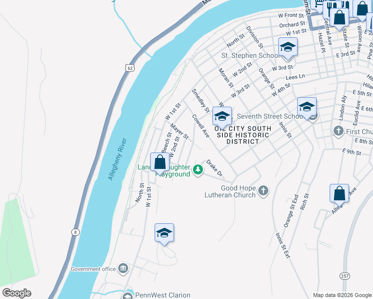 map of restaurants, bars, coffee shops, grocery stores, and more near 1007 West 2nd Street in Oil City