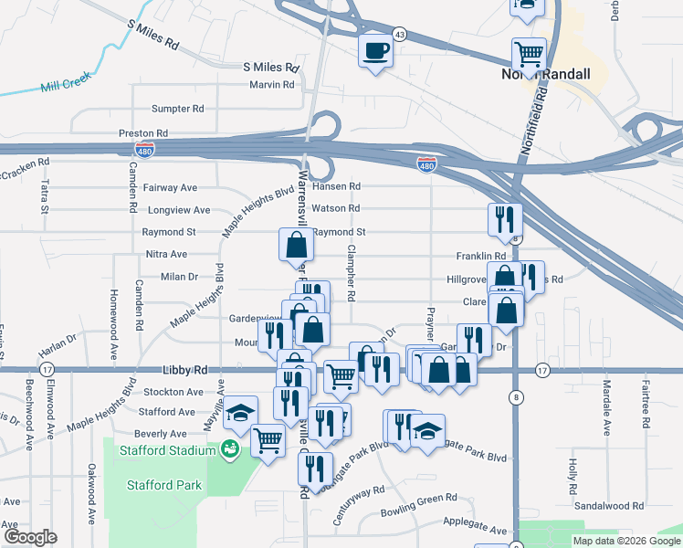 map of restaurants, bars, coffee shops, grocery stores, and more near 20608 Franklin Road in Maple Heights