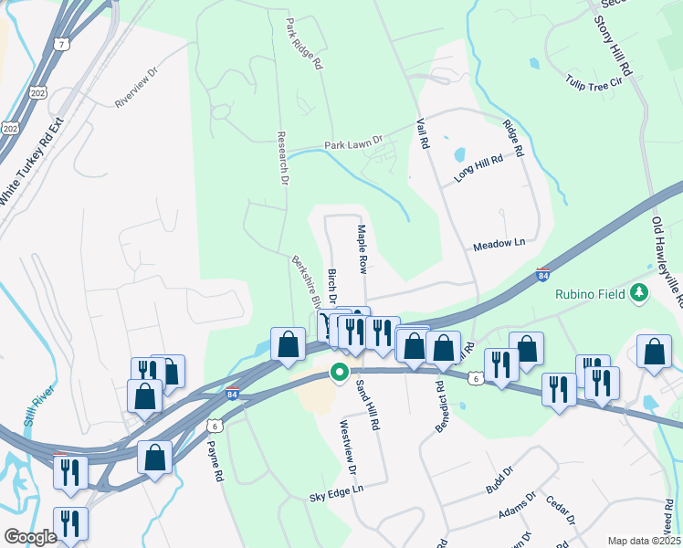 map of restaurants, bars, coffee shops, grocery stores, and more near 22 Birch Drive in Bethel