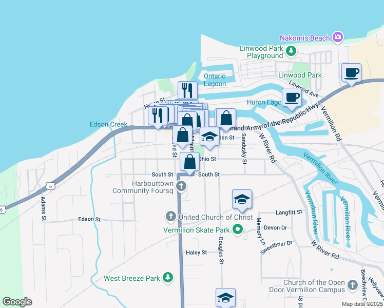 map of restaurants, bars, coffee shops, grocery stores, and more near 736 Main Street in Vermilion