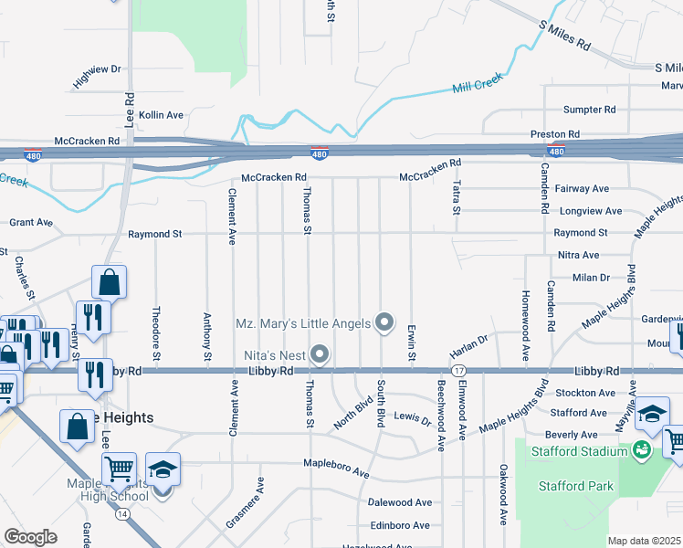 map of restaurants, bars, coffee shops, grocery stores, and more near 5125 Cato Street in Maple Heights