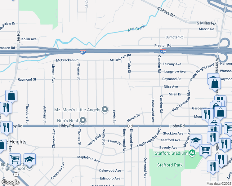 map of restaurants, bars, coffee shops, grocery stores, and more near 5151 Erwin Street in Maple Heights