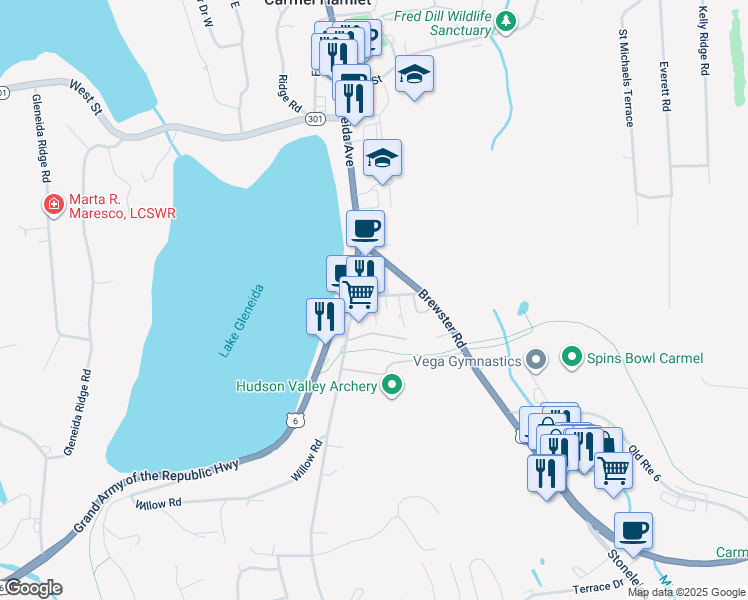 map of restaurants, bars, coffee shops, grocery stores, and more near 15 Church Street in Carmel Hamlet