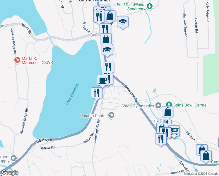 map of restaurants, bars, coffee shops, grocery stores, and more near 1711 U.S. 6 in Carmel Hamlet