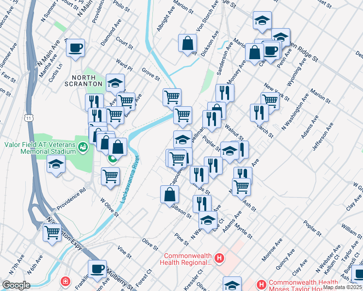 map of restaurants, bars, coffee shops, grocery stores, and more near 1014-1098 Sanderson Ave in Scranton
