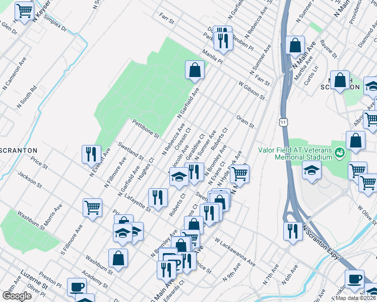 map of restaurants, bars, coffee shops, grocery stores, and more near 631 North Lincoln Avenue in Scranton