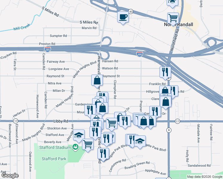 map of restaurants, bars, coffee shops, grocery stores, and more near 20608 Franklin Road in Maple Heights