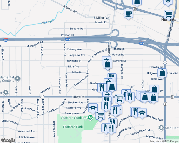 map of restaurants, bars, coffee shops, grocery stores, and more near 19777 Maple Heights Boulevard in Maple Heights