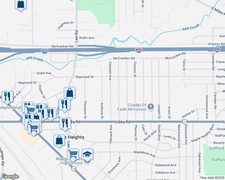 map of restaurants, bars, coffee shops, grocery stores, and more near 5125 Clement Avenue in Maple Heights