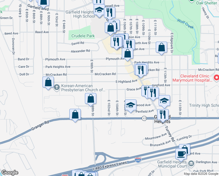 map of restaurants, bars, coffee shops, grocery stores, and more near 10208 South Highland Avenue in Garfield Heights