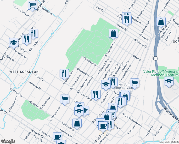 map of restaurants, bars, coffee shops, grocery stores, and more near 535 North Garfield Avenue in Scranton