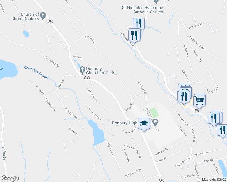 map of restaurants, bars, coffee shops, grocery stores, and more near 73 Clapboard Ridge Road in Danbury