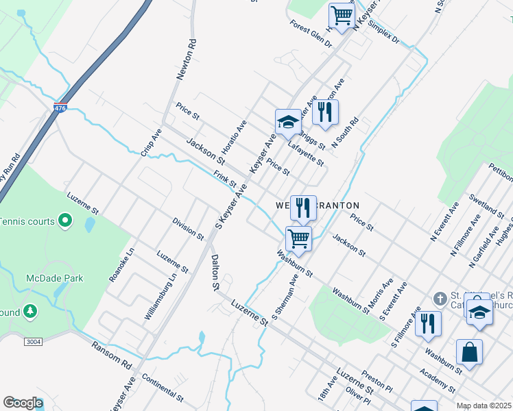 map of restaurants, bars, coffee shops, grocery stores, and more near 123 South Cameron Avenue in Scranton