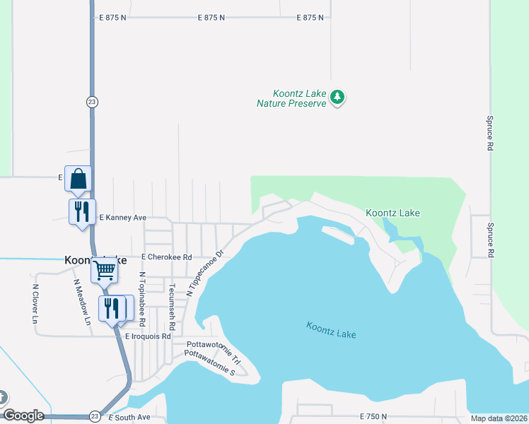 map of restaurants, bars, coffee shops, grocery stores, and more near 11304 East Dakota Street in Walkerton