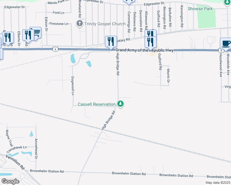 map of restaurants, bars, coffee shops, grocery stores, and more near 714 Highbridge Road in Vermilion