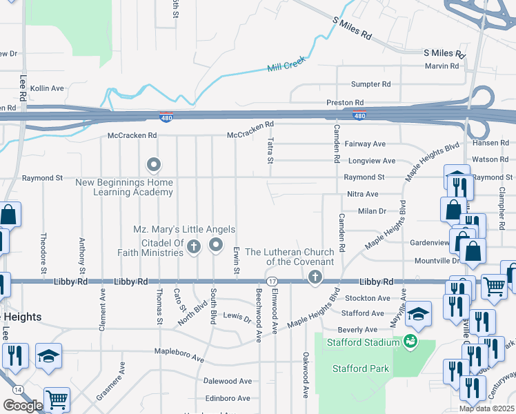 map of restaurants, bars, coffee shops, grocery stores, and more near 18500 Raymond Street in Maple Heights