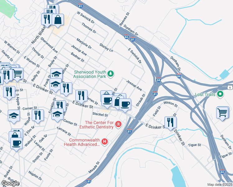 map of restaurants, bars, coffee shops, grocery stores, and more near 205 Allen Street in Dunmore