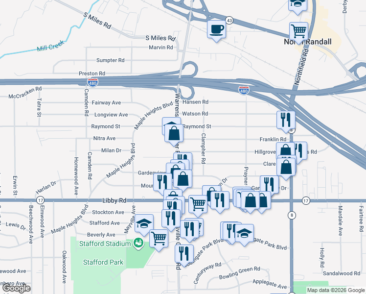 map of restaurants, bars, coffee shops, grocery stores, and more near 5131 Warrensville Center Road in Maple Heights