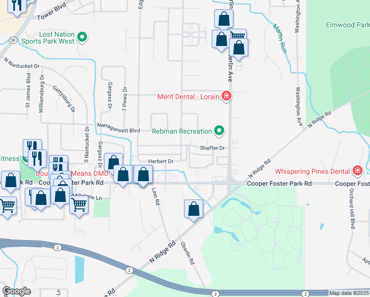 map of restaurants, bars, coffee shops, grocery stores, and more near 5519 Ashland Avenue in Lorain