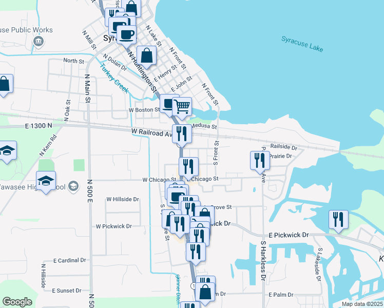 map of restaurants, bars, coffee shops, grocery stores, and more near 201 East Baltimore Street in Syracuse