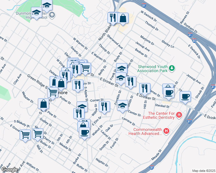 map of restaurants, bars, coffee shops, grocery stores, and more near in Dunmore
