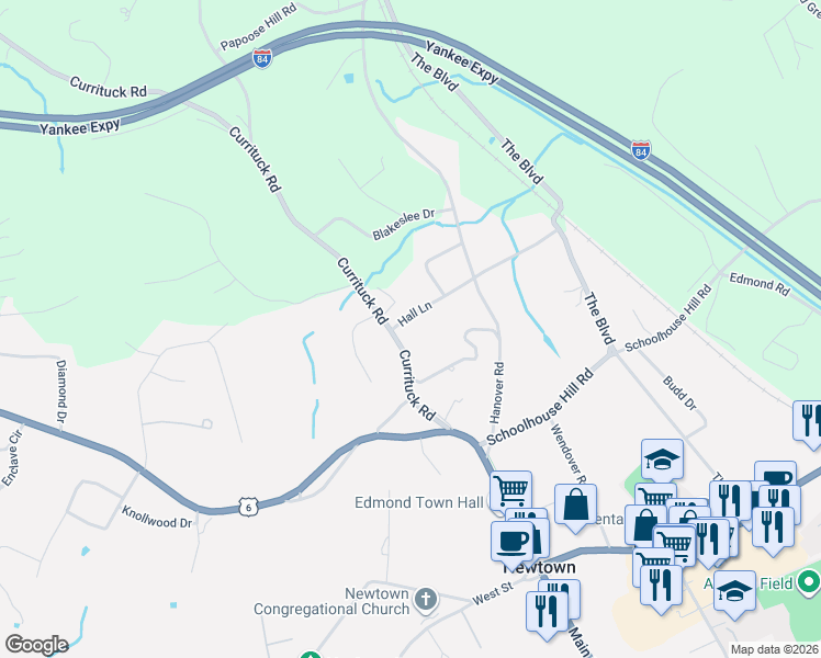map of restaurants, bars, coffee shops, grocery stores, and more near 2 Hall Lane in Newtown