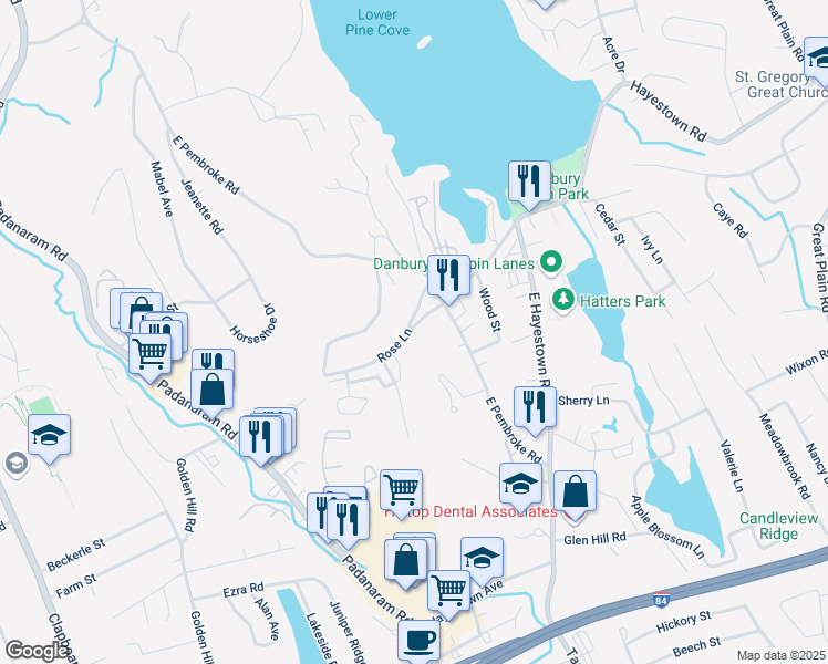 map of restaurants, bars, coffee shops, grocery stores, and more near 8 Rose Lane in Danbury