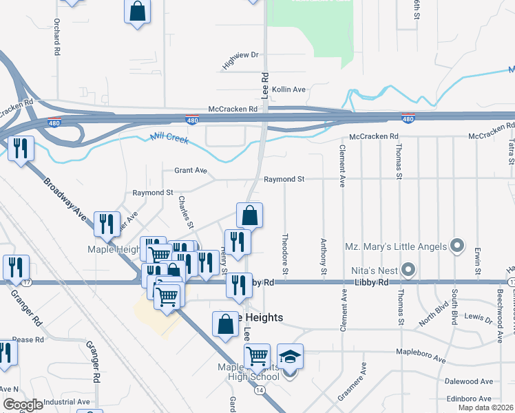 map of restaurants, bars, coffee shops, grocery stores, and more near 5127 Lee Road in Maple Heights