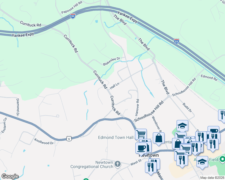 map of restaurants, bars, coffee shops, grocery stores, and more near 2 Hall Lane in Newtown