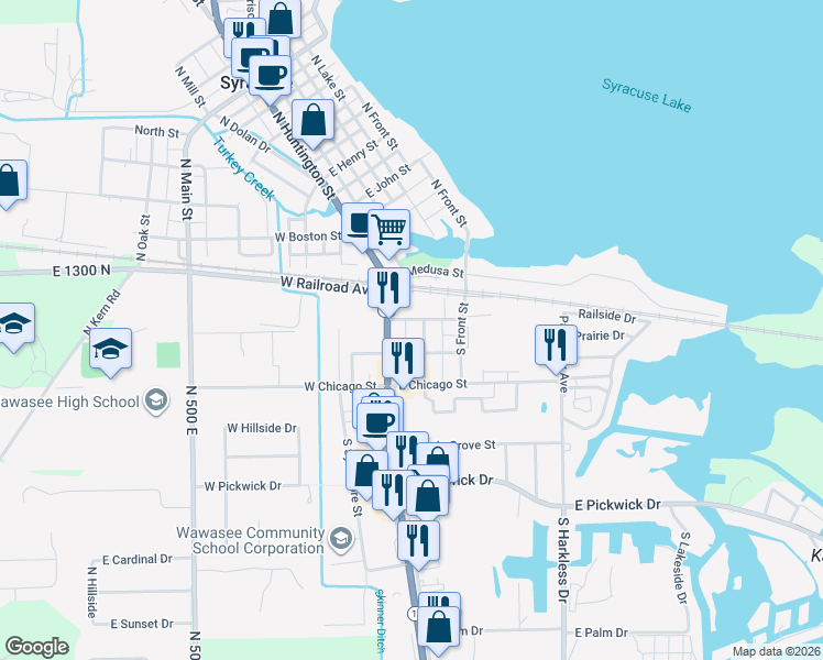 map of restaurants, bars, coffee shops, grocery stores, and more near 201 East Baltimore Street in Syracuse