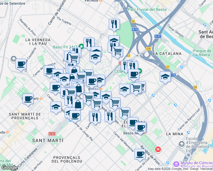 map of restaurants, bars, coffee shops, grocery stores, and more near 1184 Gran Via de les Corts Catalanes in Barcelona