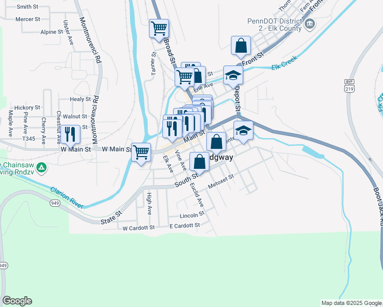 map of restaurants, bars, coffee shops, grocery stores, and more near 15 South Mill Avenue in Ridgway
