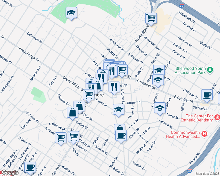 map of restaurants, bars, coffee shops, grocery stores, and more near 116 Chestnut Street in Dunmore