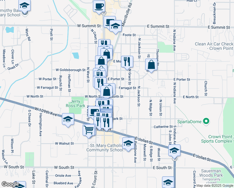 map of restaurants, bars, coffee shops, grocery stores, and more near 245 North East Street in Crown Point