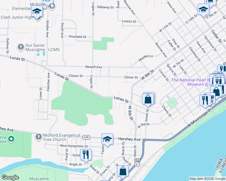 map of restaurants, bars, coffee shops, grocery stores, and more near 1711 Lucas St in Muscatine