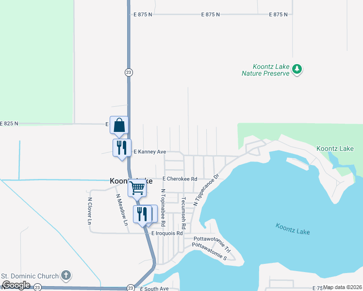 map of restaurants, bars, coffee shops, grocery stores, and more near 8175-8285 N Oak Ave in Walkerton