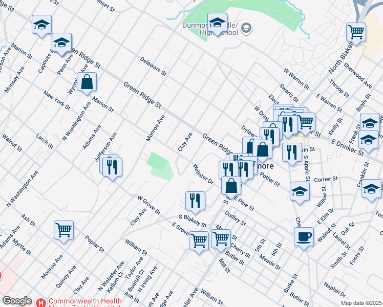 map of restaurants, bars, coffee shops, grocery stores, and more near 1521 North Webster Avenue in Dunmore