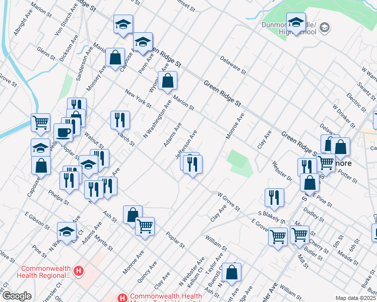map of restaurants, bars, coffee shops, grocery stores, and more near 1351 Jefferson Avenue in Dunmore