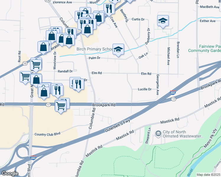 map of restaurants, bars, coffee shops, grocery stores, and more near 4859 Columbia Road in North Olmsted