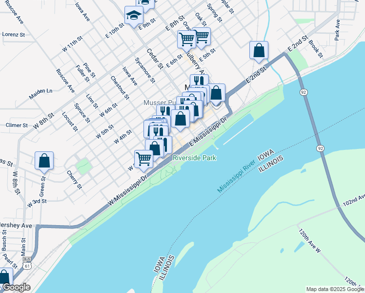 map of restaurants, bars, coffee shops, grocery stores, and more near 100 West 2nd Street in Muscatine
