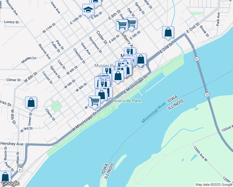 map of restaurants, bars, coffee shops, grocery stores, and more near 101 West Mississippi Drive in Muscatine