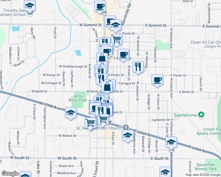 map of restaurants, bars, coffee shops, grocery stores, and more near 108 East North Street in Crown Point