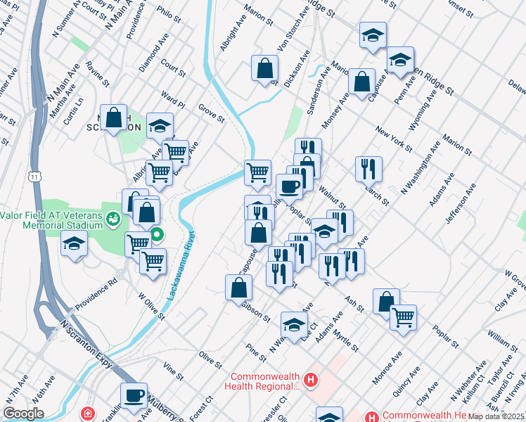 map of restaurants, bars, coffee shops, grocery stores, and more near 1014 Sanderson Ave in Scranton